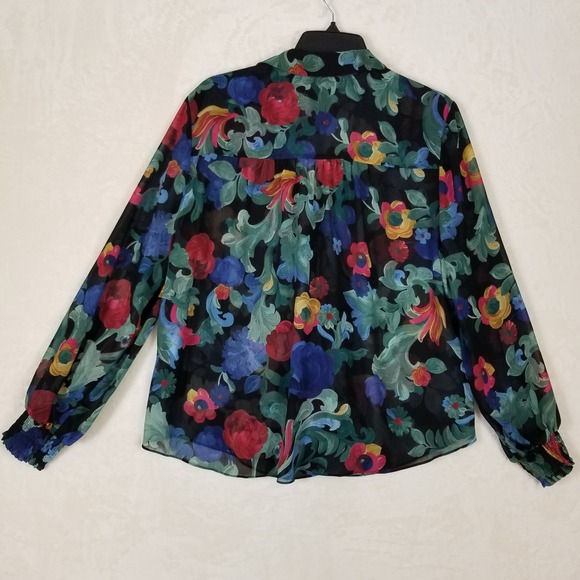 Chicos Floral Ruffle Chiffon Blouse Black Multi Color Smocked Cuff Size 2.5 14 - Picture 2 of 7